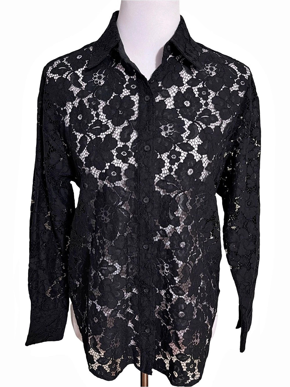 Express Black Floral Lace Button Down Shirt
